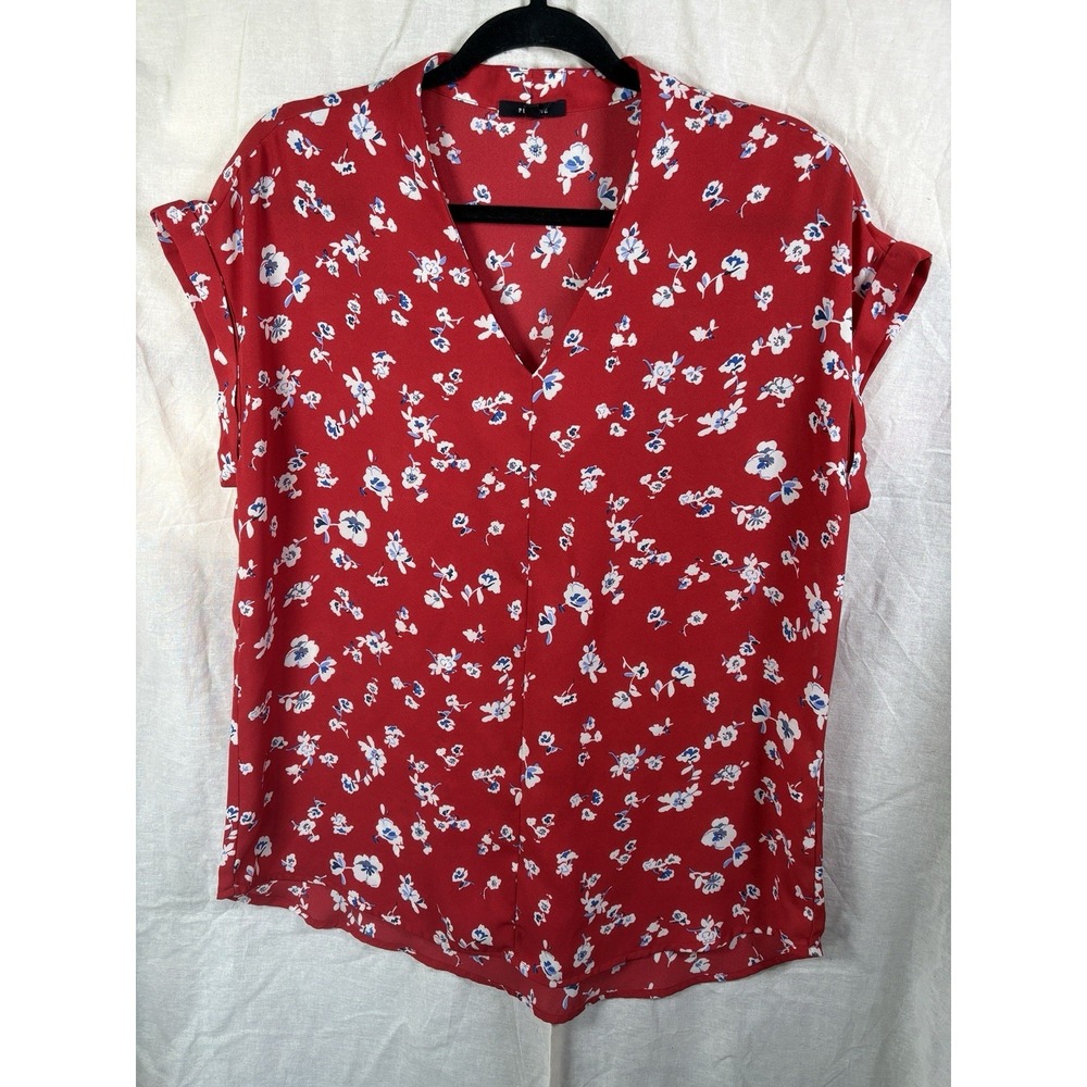 Pleione Top Women Sz M Red Multicolor Floral Casual Career Shirt Cap Sleeve READ